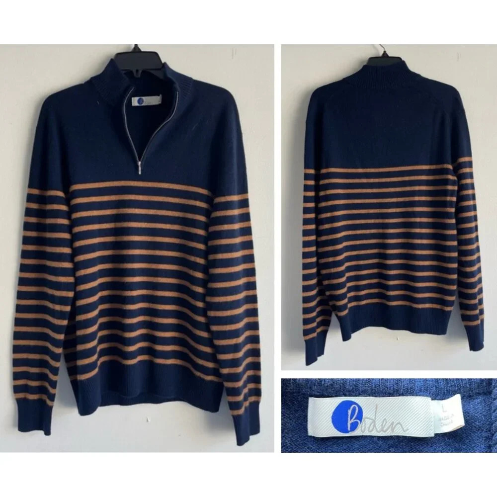 Boden Men's Blue Brown Striped 1/4 Zip Pullover Sweater - 22470